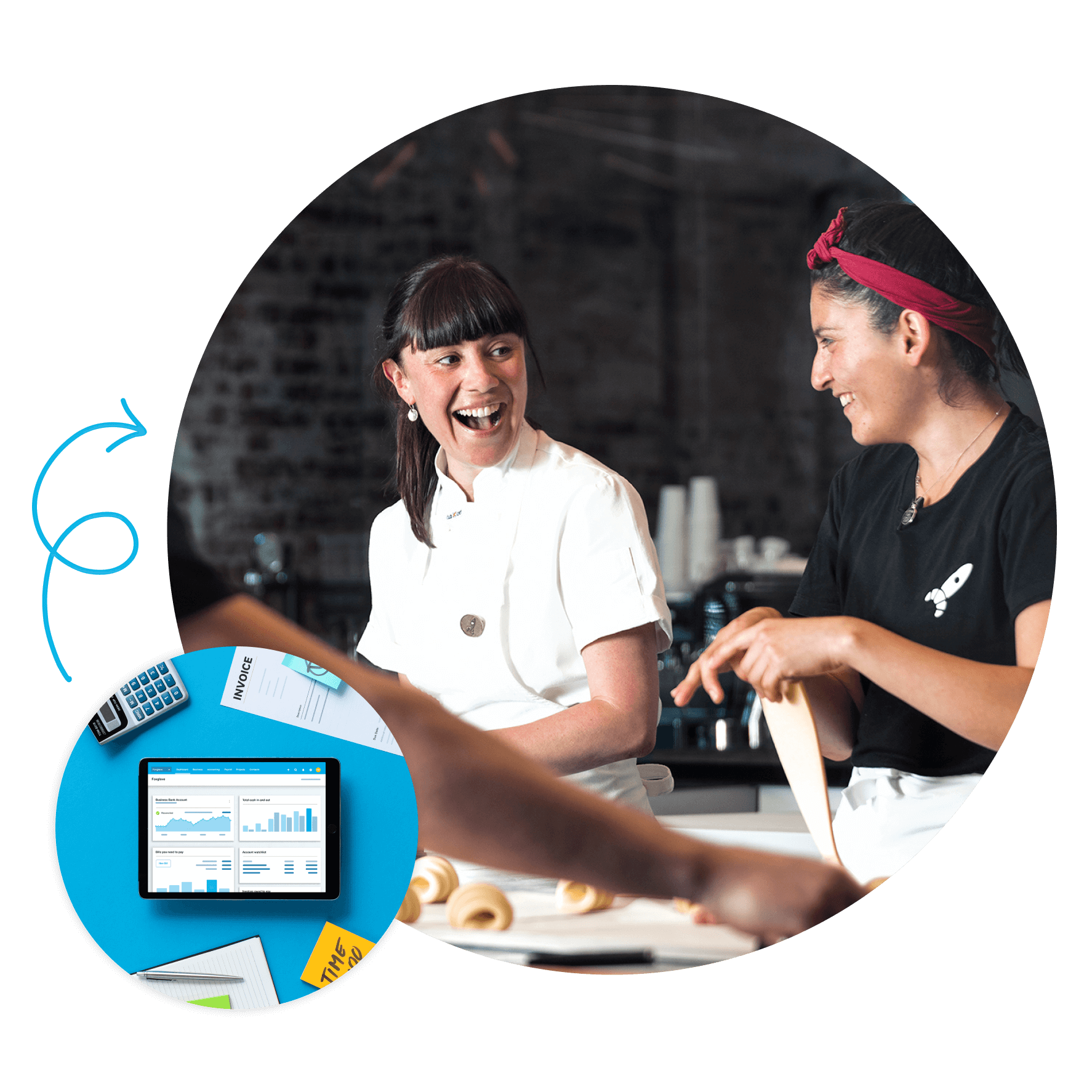 iPad showing accounting software on screen on a blue work desk with office items scattered around it.