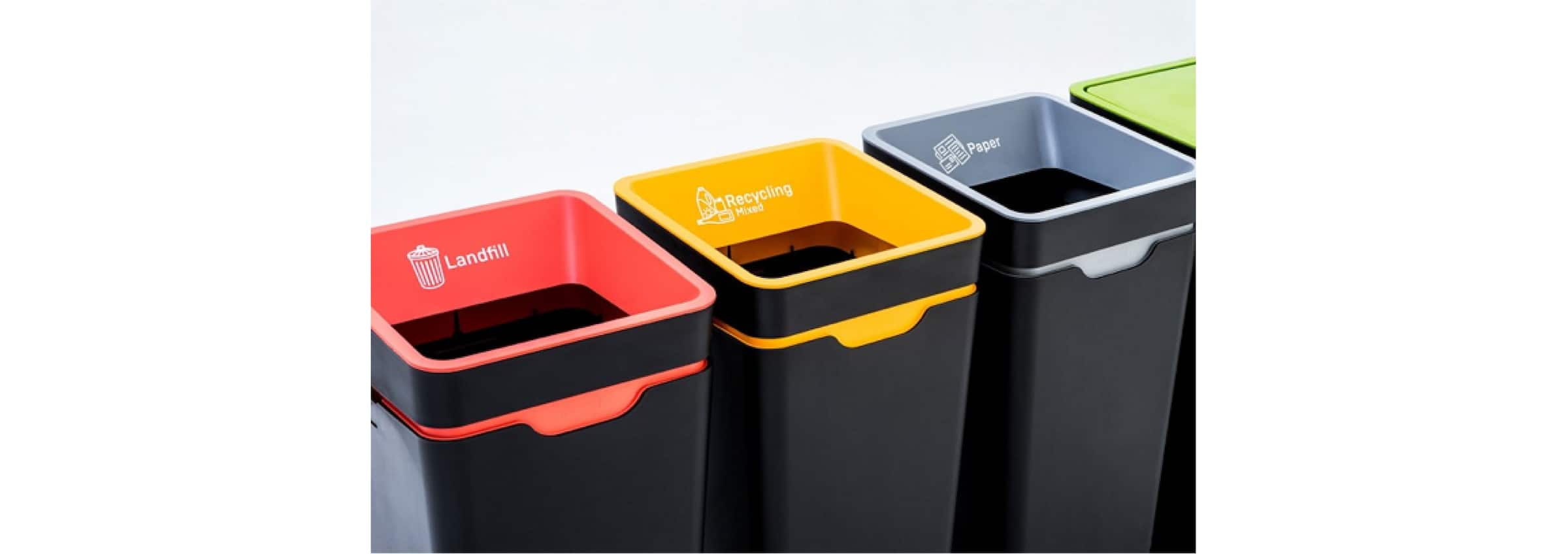 Three bins for landfill, recycling and paper.