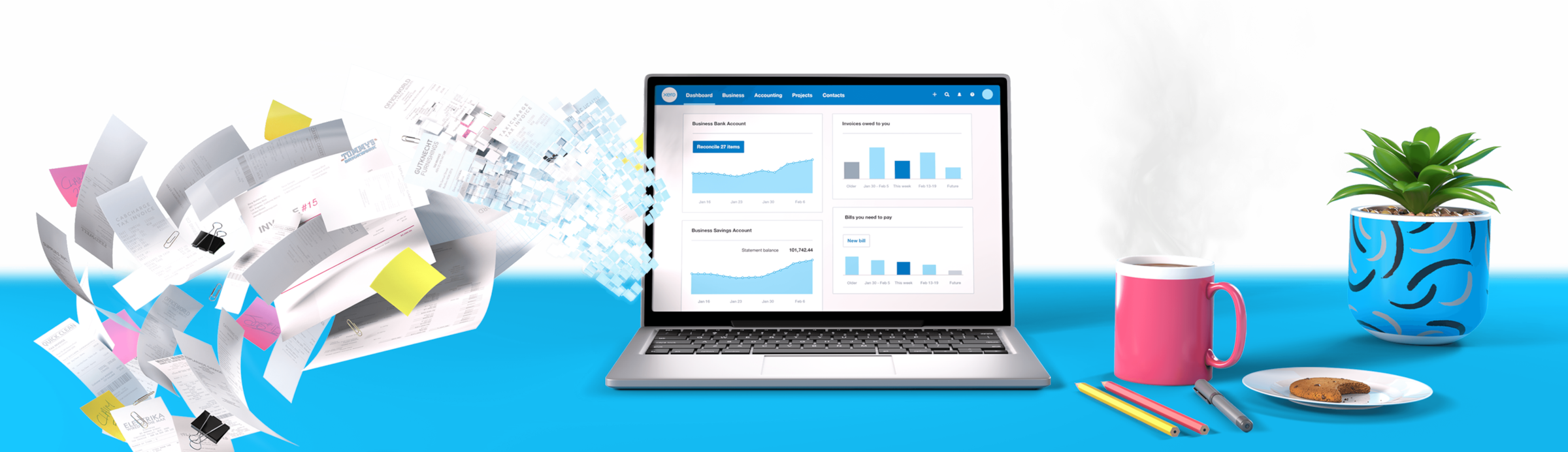 Paperwork swirling around and disappearing into a laptop screen showing the Xero dashboard.