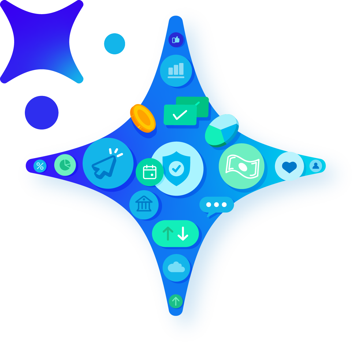 Abstract blue and green graphic illustrating financial services or digital platform features with various icons inside a star