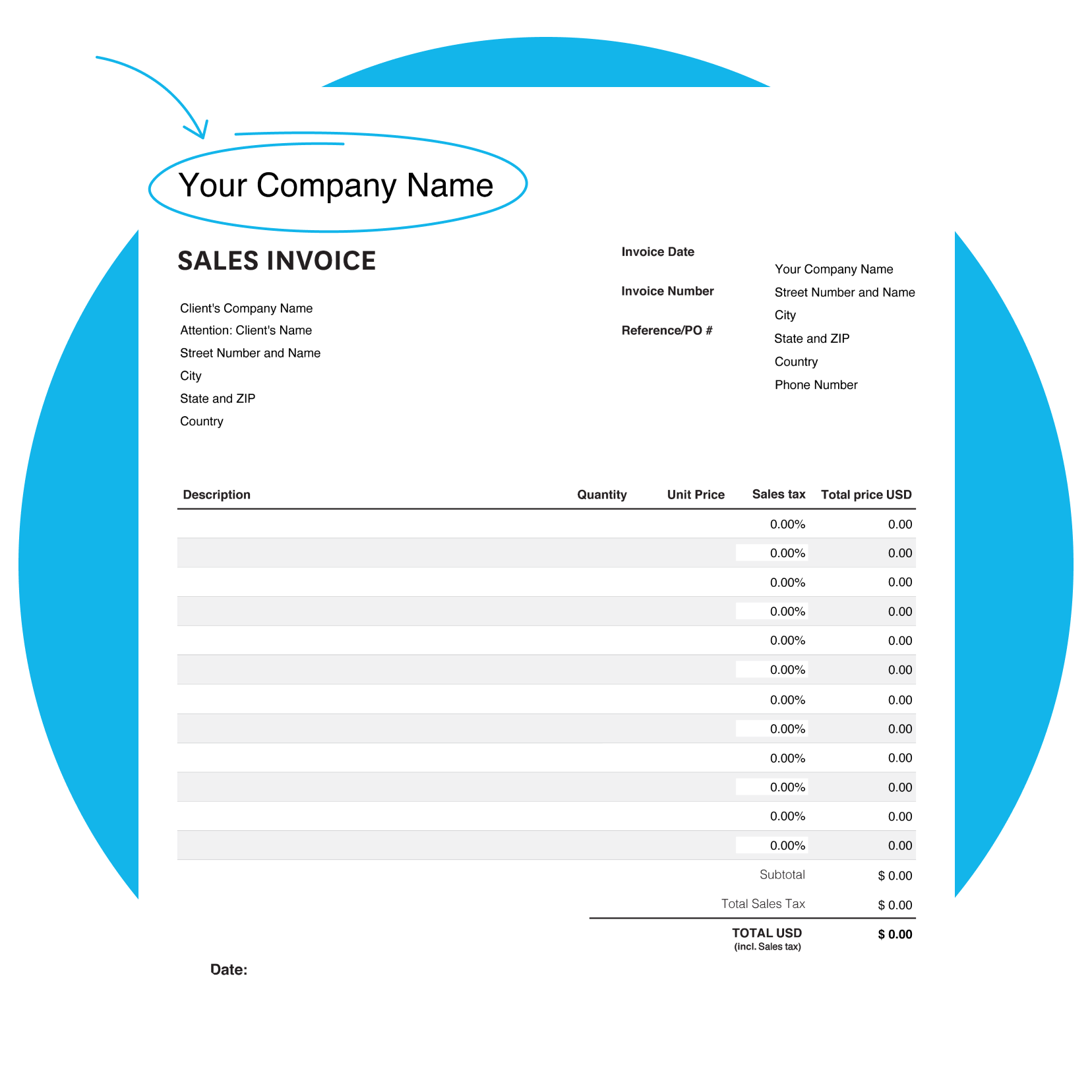 Invoice template with blank fields for users to fill out.