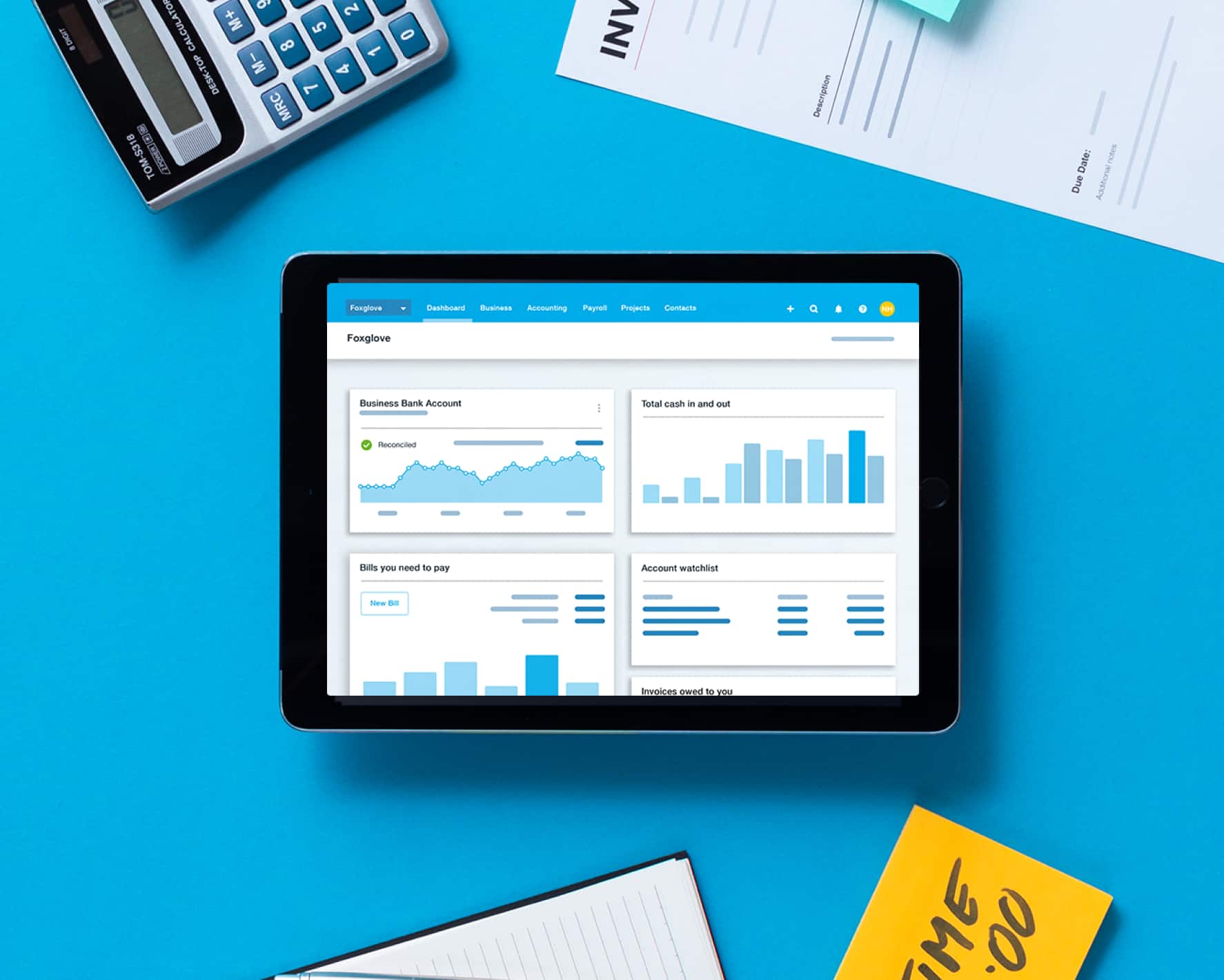 A tablet showing the Xero dashboard, so it can be seen as a beautiful Sage alternative.