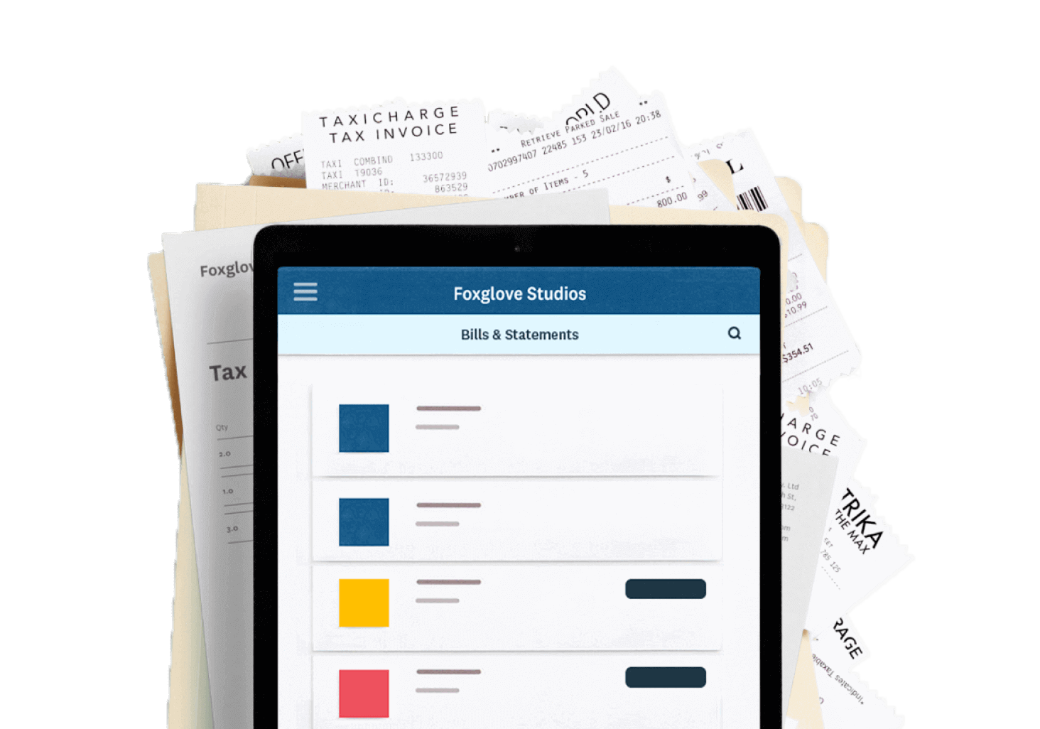 A tablet device shows scanned bills and statements over a pile of paperwork