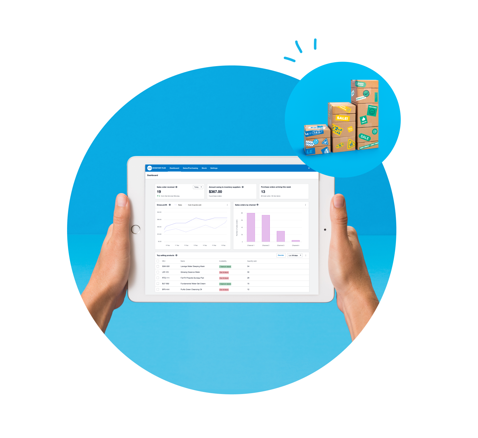 A Xero dashboard shows a stock list and stock levels.