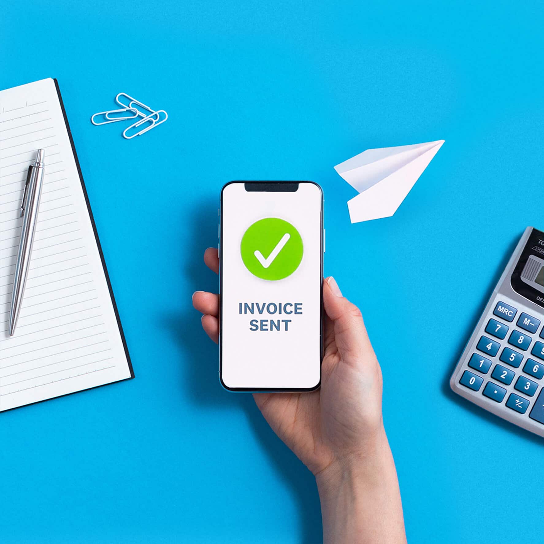 A hand pressing a send invoice button on a mobile phone