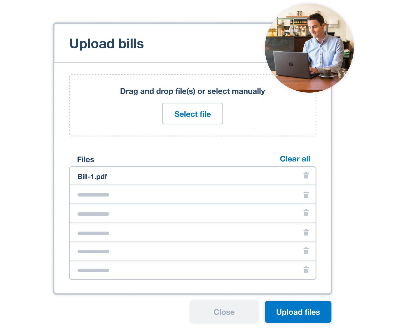 A drag and drop window in Xero to upload bills shows Bill files that have been added and ready for upload