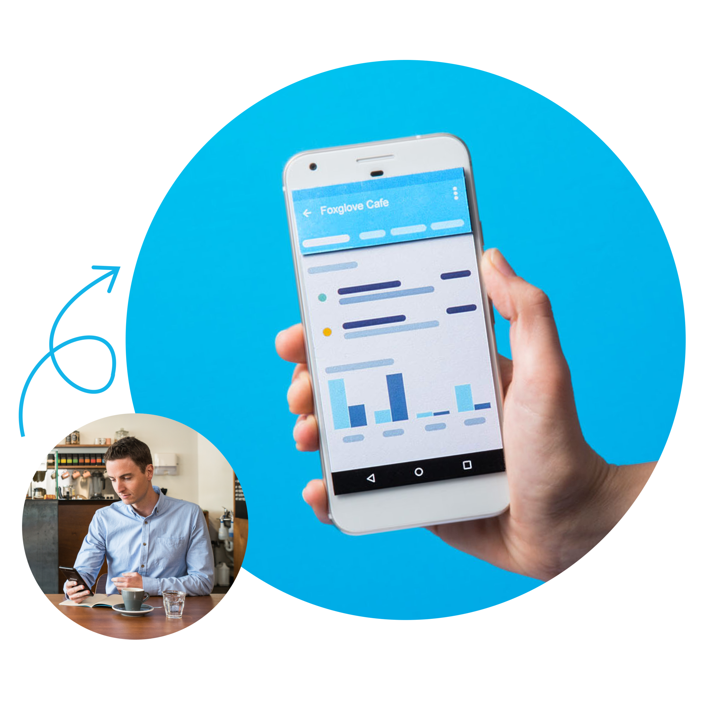 A business owner views the Xero dashboard in the accounting app on a mobile phone to see charts and key small business metrics.