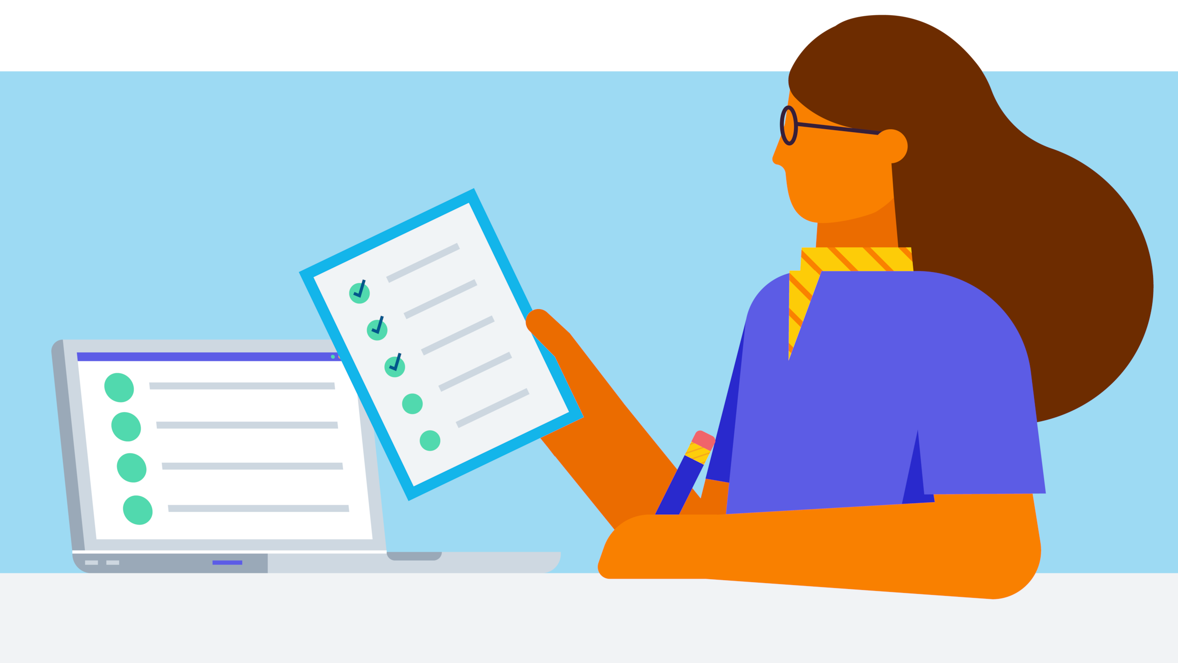 A business owner completing accounting tasks with a laptop and checklist.