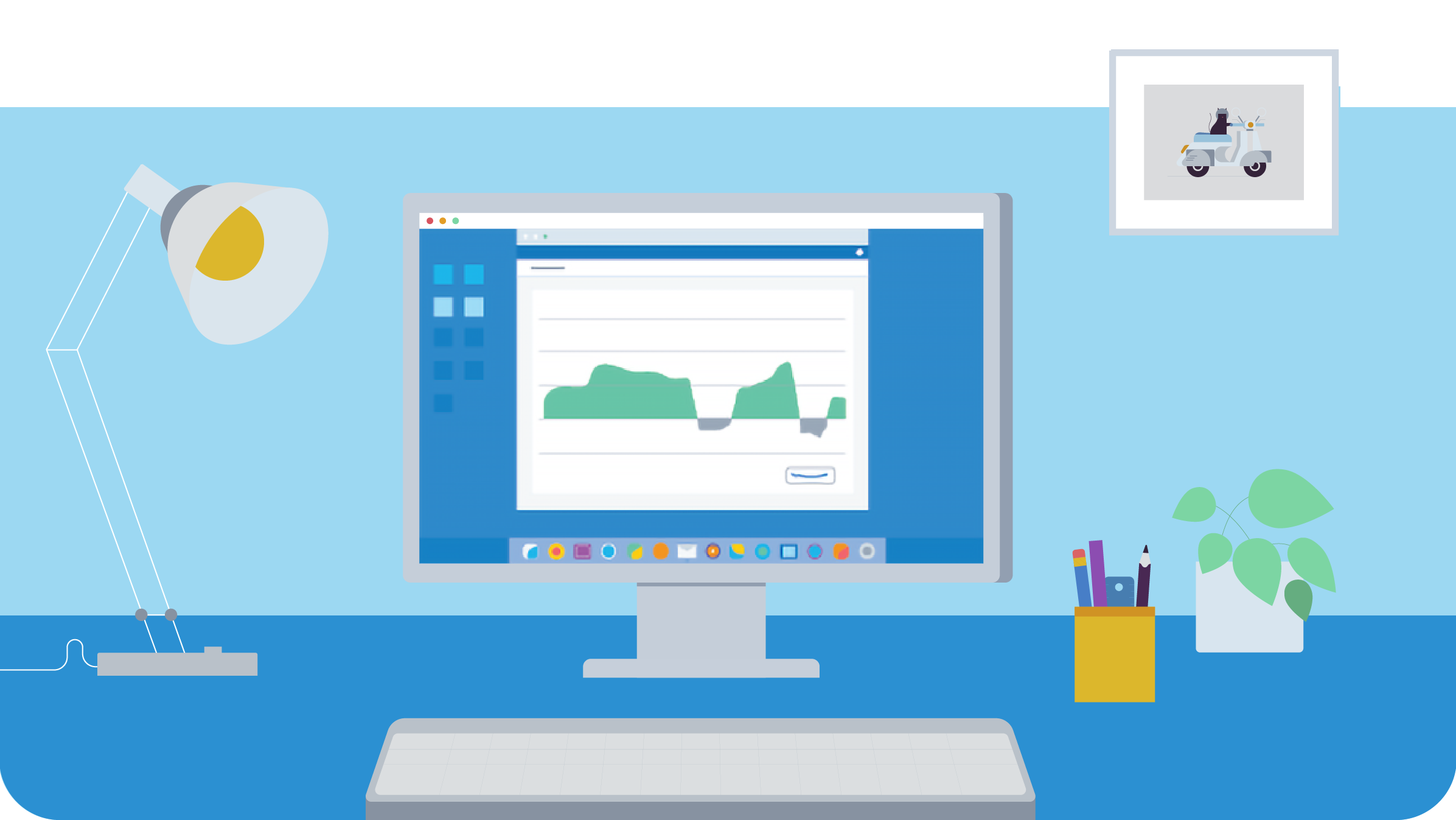 A desktop computer featuring accounting software, on a desk with lamp, coffee cup, pencils and pot plant.