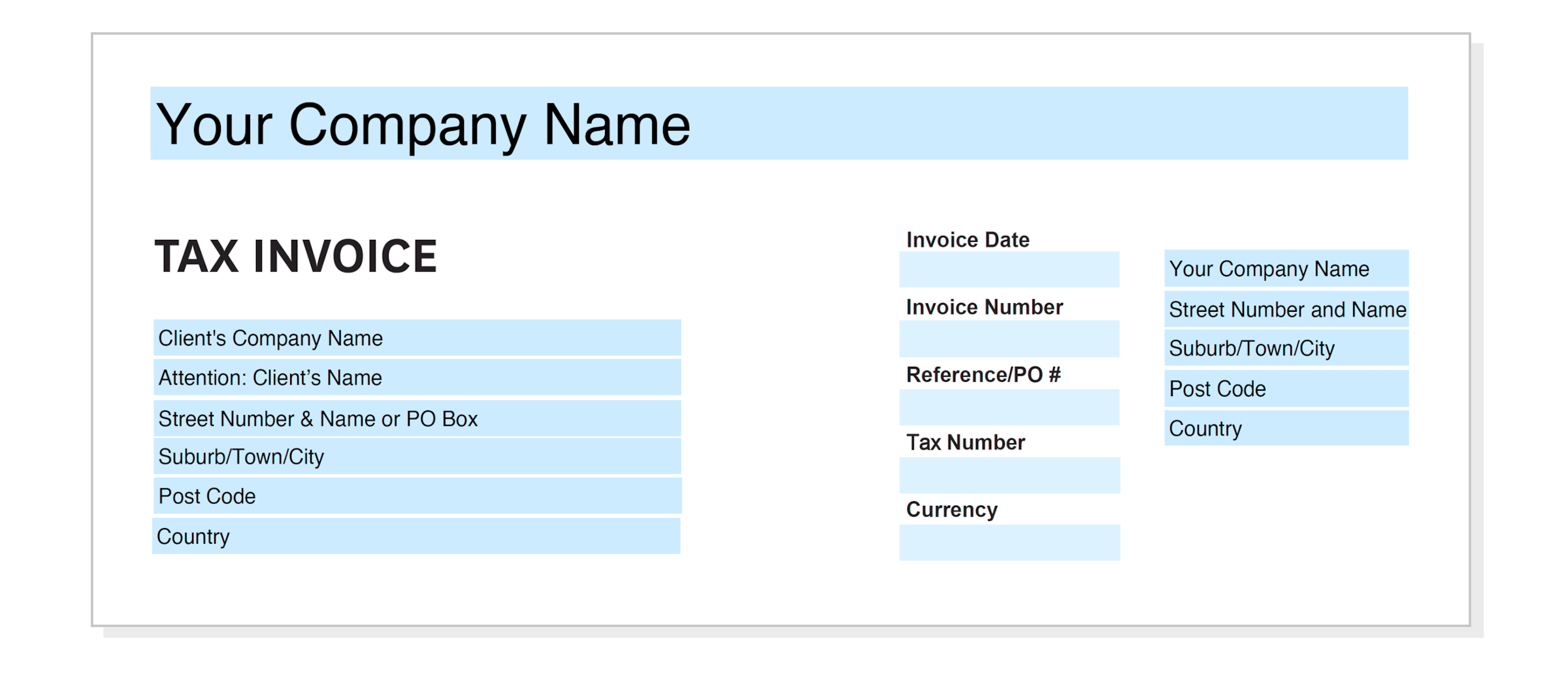 Top section of an invoice where supplier and customer’s details are entered.