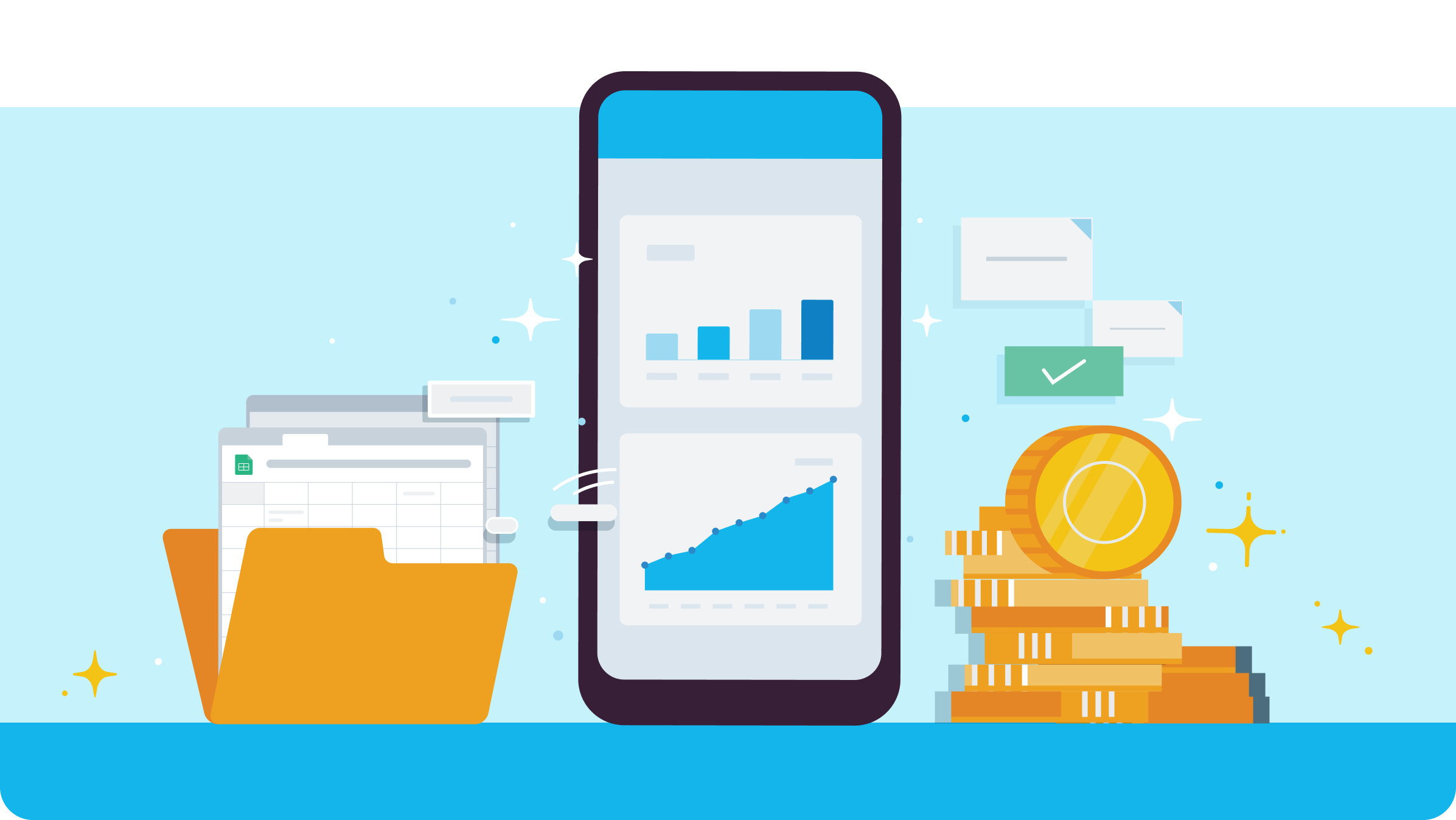 A smartphone displaying an accounting app dashboard in front of a pile of business files and money.