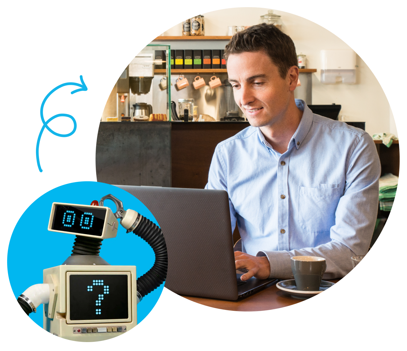 A man using his laptop to get a personalised plan recommendation with a cute robot image.