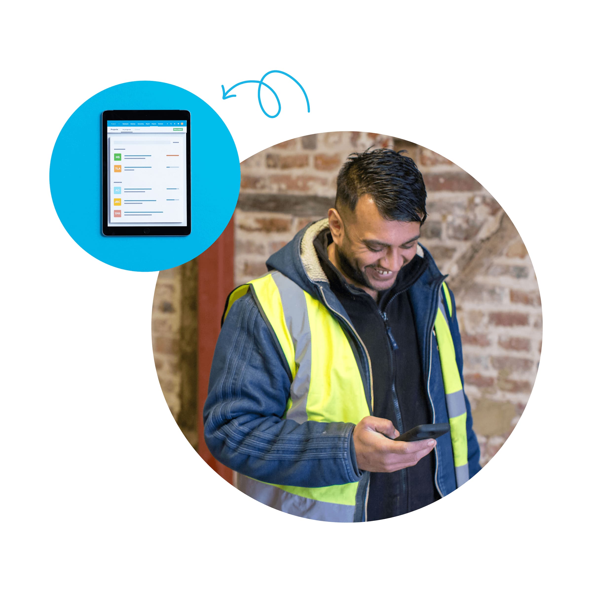 A worker in a high-vis vest uses an online tracking app on their mobile device to enter time on the job.