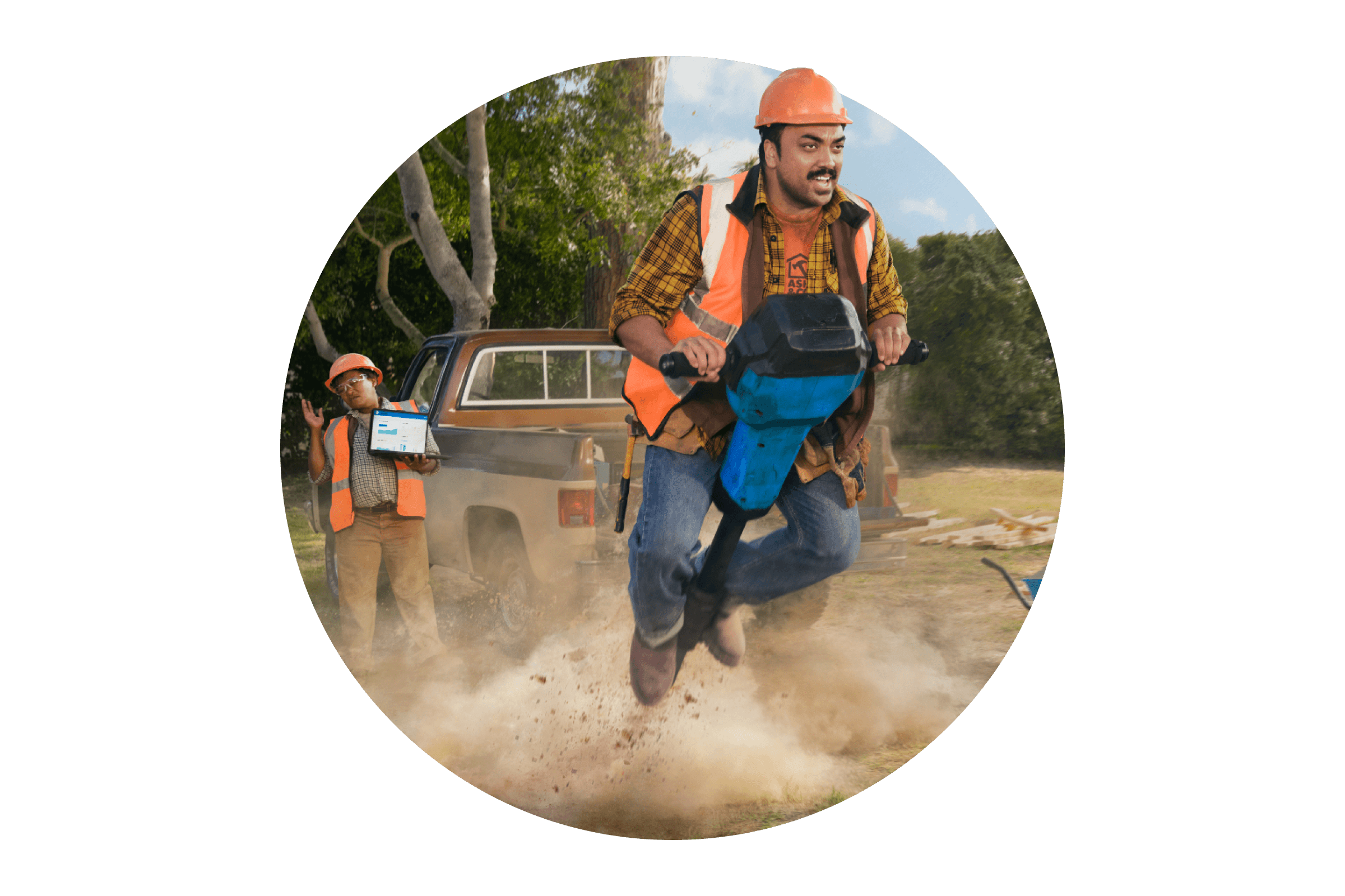 A small business owner flies on his jackhammer